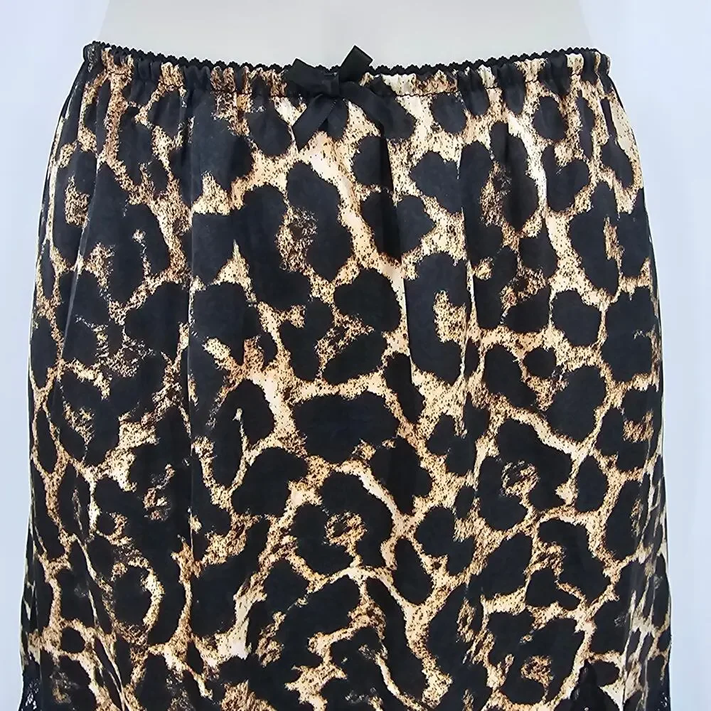 Topshop Womans size 10 Leopard Print Lace Hem Mini Satin Slip Skirt Black Brown
